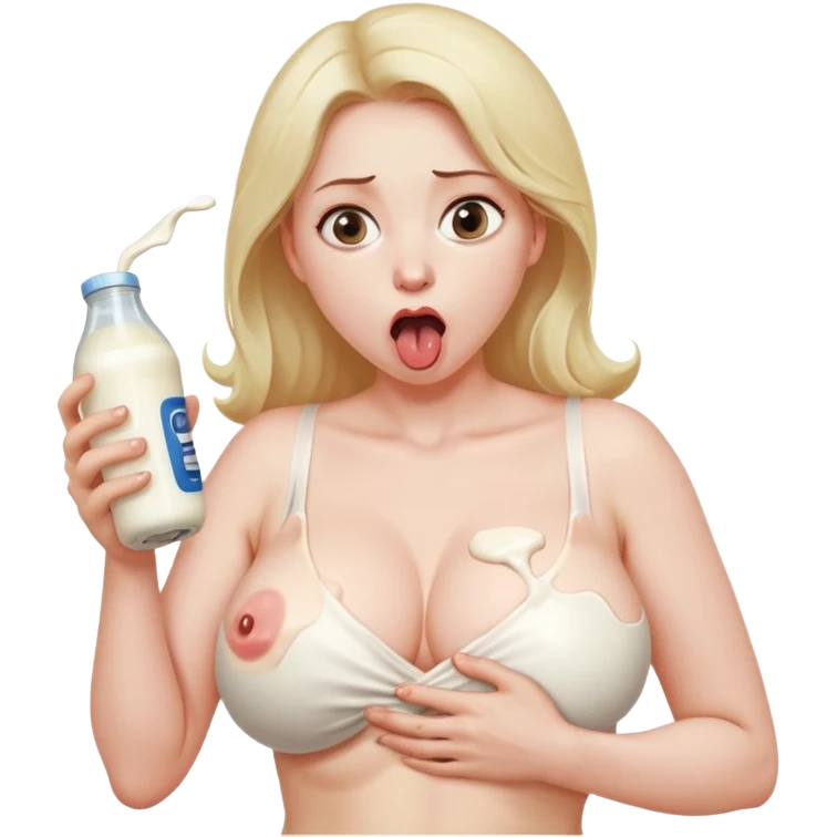 Expression shock, sticks tounge out, Woman with no clothes, she has massive breasts and big nipples, on her right side was a man holding, milk spilled it on her chest. emoji
