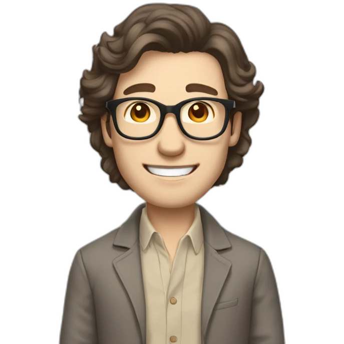 Joyful Full height Pale skinned Fit Man With dark brown hair in gray jacket, beige office shirt, Brown pants and vintage glasses. His thrumbs up emoji