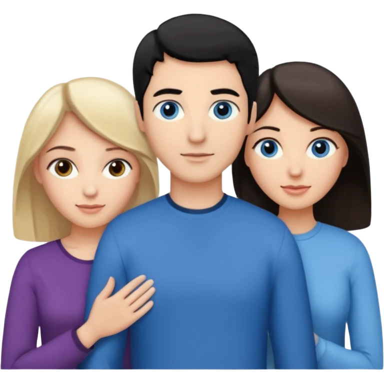 3 people. Throuple. Blank woman with blond hair and blue eye color on left. And also a blank man with black hair and grey eye color in the middle. And a blank woman with brown hair and grey eye color on the right. Holding each other emoji