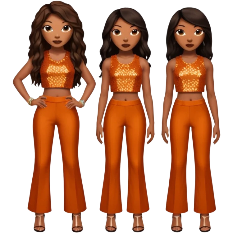 Brandy Norwood with dark brown long hair, burnt orange sequin crop top and pants emoji