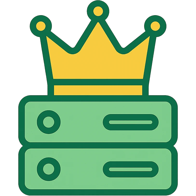King Server brand logo, server box with a crown on top, color icon style, playful, rounded shapes, green and yellow colors, no text emoji