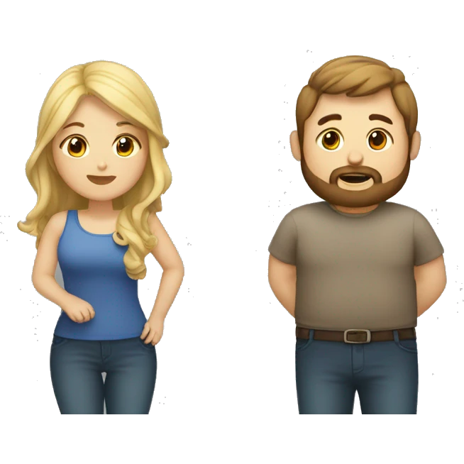 chubby girl with blond highlights talking to a brown haired man with a beard emoji
