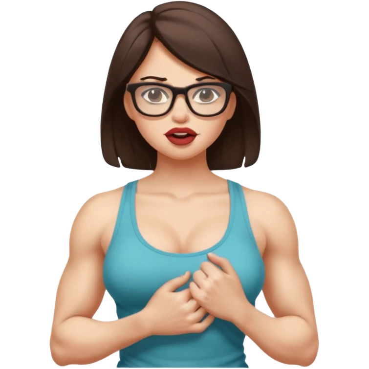 Girl, glasses, biting lips, muscular, pulling off tank top, big naked tits emoji