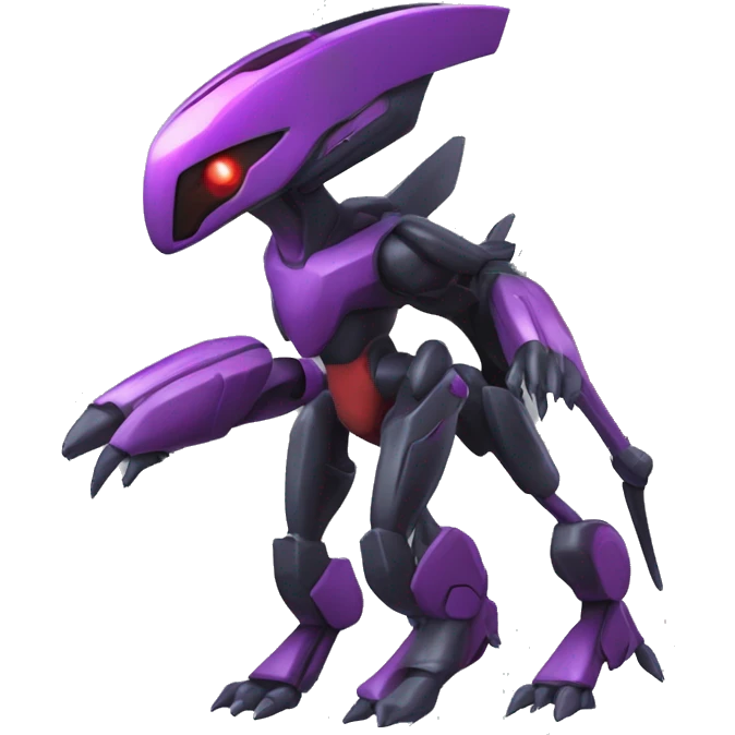 a shiny black-purple-red Genesect-Flygon-Raptor-Fakémon-Medabot-hybrid with a futuristic visor-helmet full body emoji