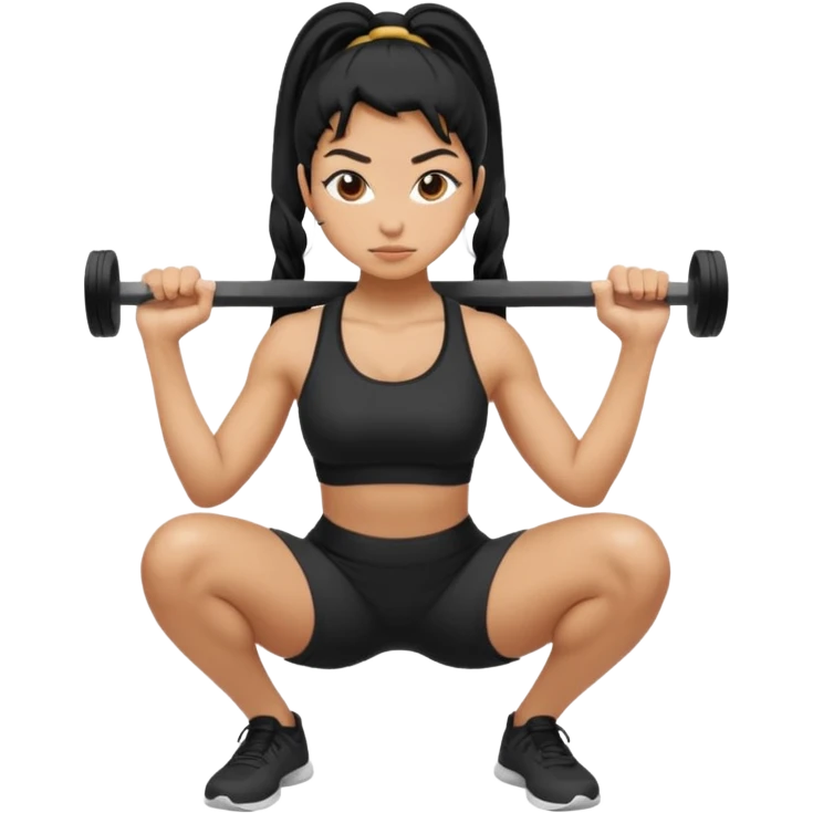 Women with long black ponytail doing a squat with no weights emoji