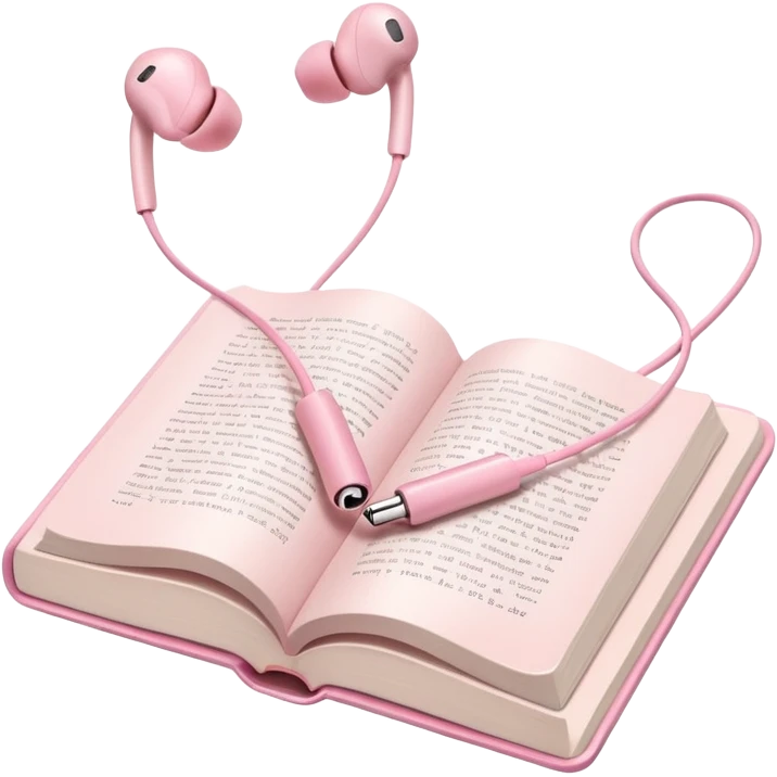pink Pink Apple-style earbuds lying on an open book, soft pastel tones, cozy and minimal aesthetic, realistic lighting and shadows, top-down view, transparent background" emoji