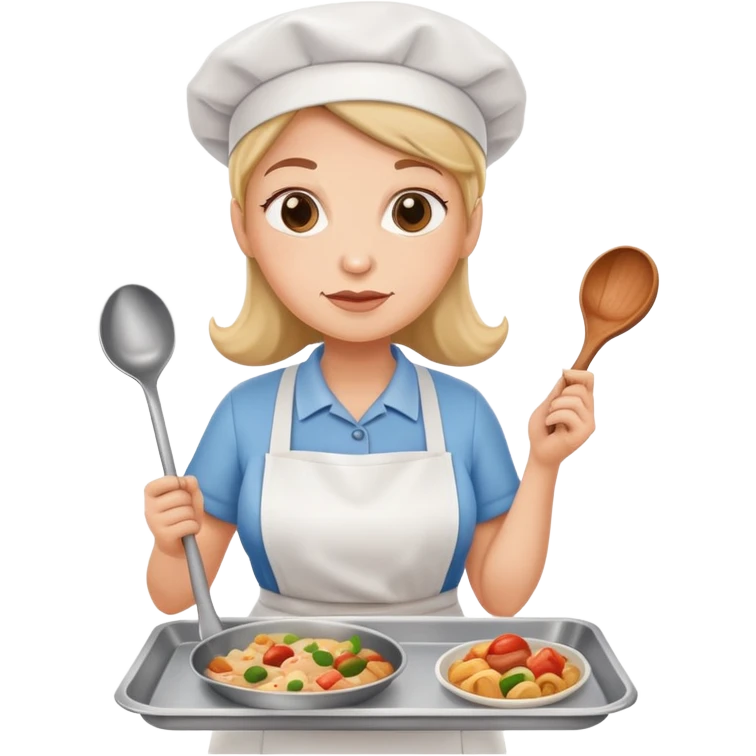 lunch lady holding a ladle and a tray with gross food, cartoonish emoji