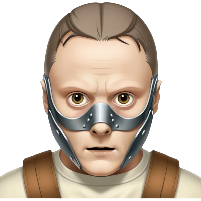 Icon for Hannibal Lecter (Anthony Hopkins): A chilling design with a close-up of Hannibal's face wearing the iconic muzzle mask. Dark, ominous background with sharp lighting to emphasize his intense gaze. A sinister, psychological thriller atmosphere. Transparent background. emoji