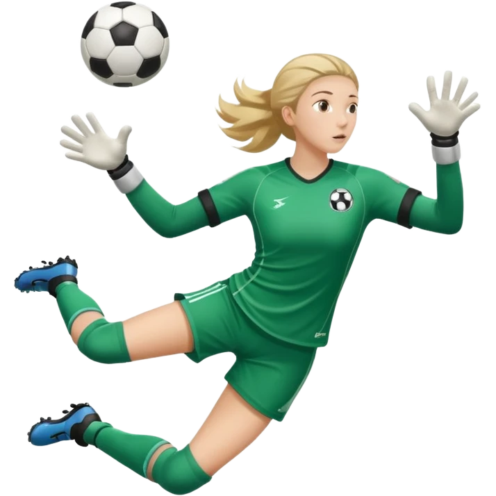 make a girl goalie diving through the air sideways with one soccer ball in both  hands  emoji