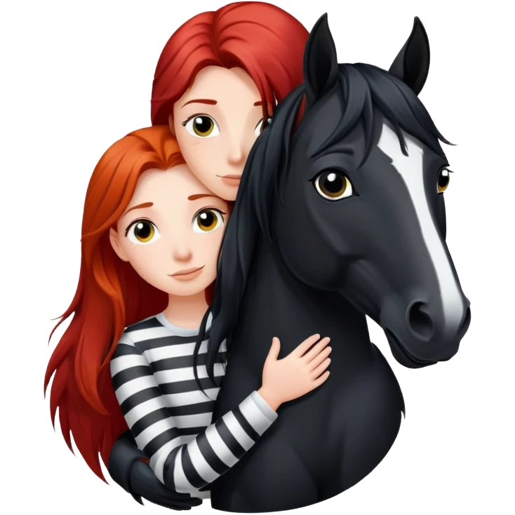 A red-haired girl with long hair hugs a black horse with a white stripe on her face and a black mane emoji