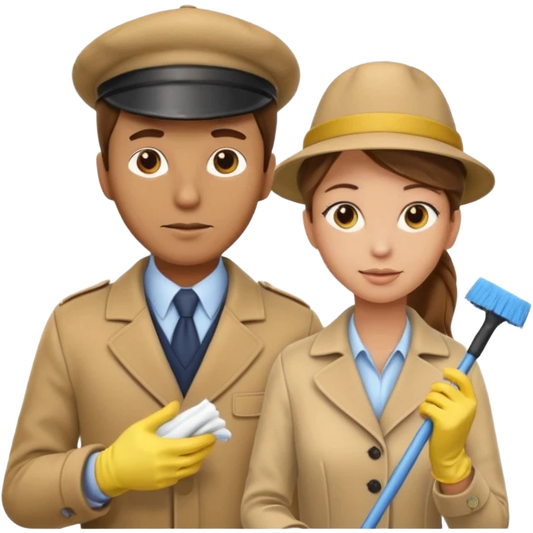 a Detective man with beige hat, a beige coat is interviewing the cleaning Lady with Brown hair, high ponytail and yellow cleaning gloves emoji