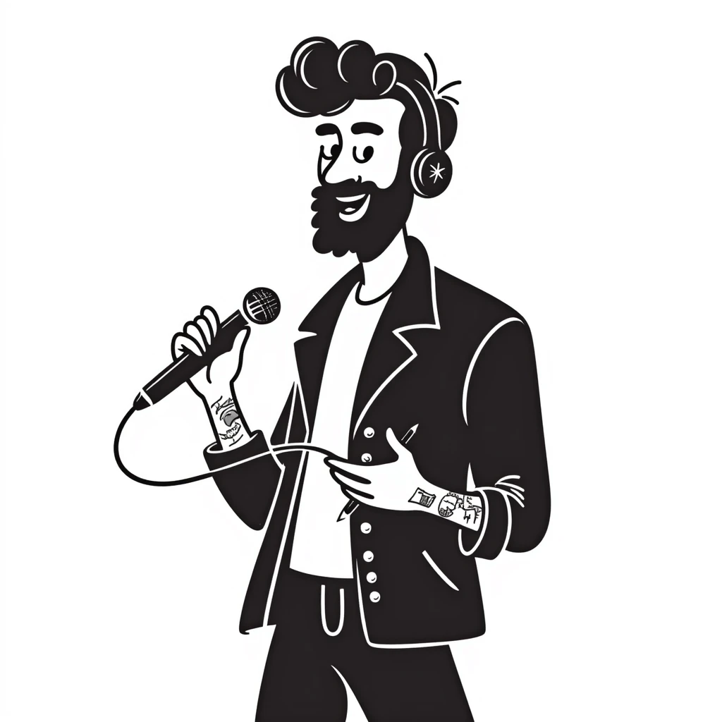 rock star with neat trimmed beard, tattooed arms, headphones resting on shoulders, happy expression, holding mic in one hand and pencil in other emoji