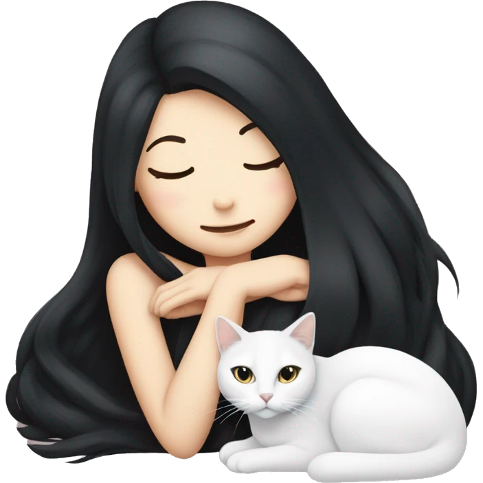 A pretty white girl with very long black hair and sleeping curled up to a white cat  emoji