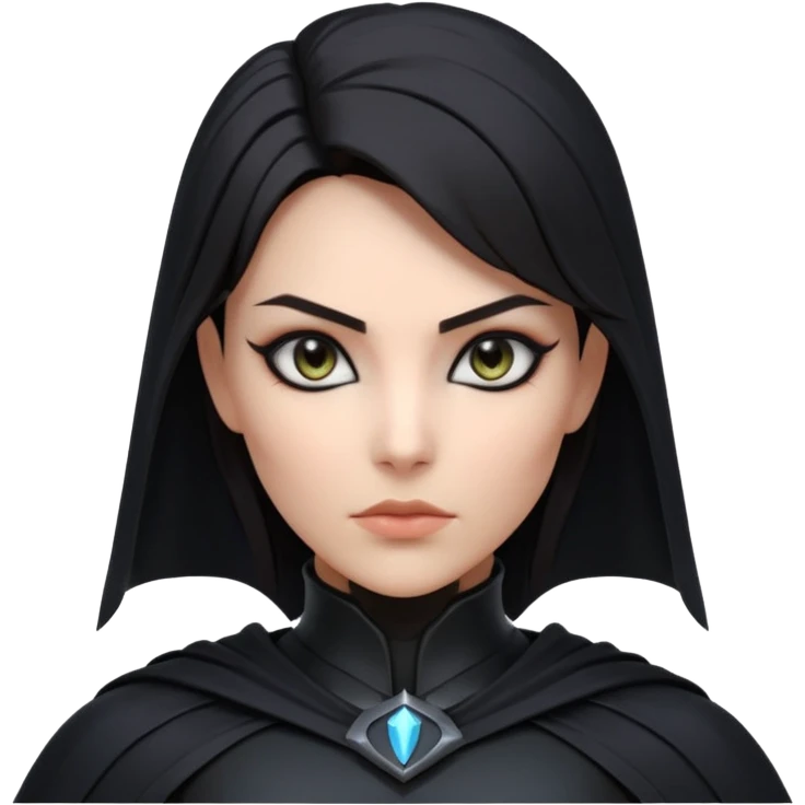 dark sci-fi villain female portrait, head and shoulders only, black armor, cape collar, intense eyes, sharp confident expression, subtle futuristic makeup, dramatic lighting, 3D cartoon, mobile game icon style, clean background, no text, no watermark
 emoji