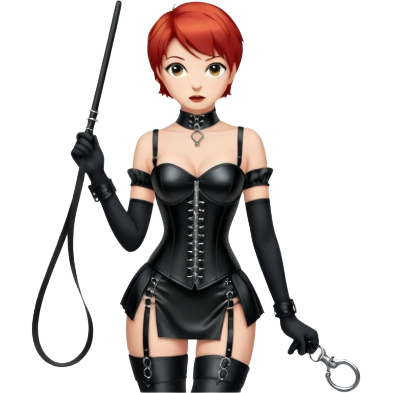 mistress, ragazza dominante, capelli rossi corti, sguardo serio, corsetto in pelle nero lucido, minigonna in latex, frusta in mano, guanti lunghi neri, calze autoreggenti nere, tacchi alti, schiavo con collare e guinzaglio legato alla mano della ragazza emoji