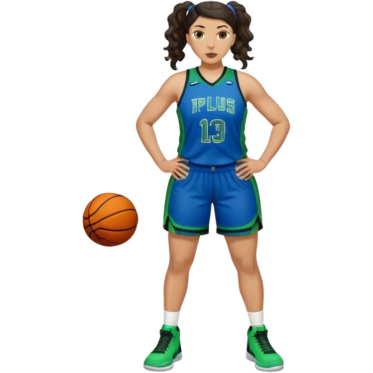 full body plus size light skin  latino women basketball player with wavy dark hair in pony tail wide nose wearing blue uniform with green accent emoji
