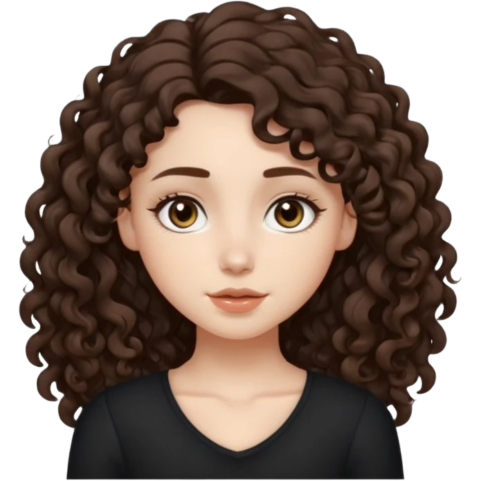 Aesthetic white girl with long curly hair color dark brown, hair most be in front of the shoulders (hair in front of the shoulders, less voluminous). Big almond shape eyes color brown, small wide nose, natural lips, sweet expression. Dressed with a cute tight top color black.  emoji