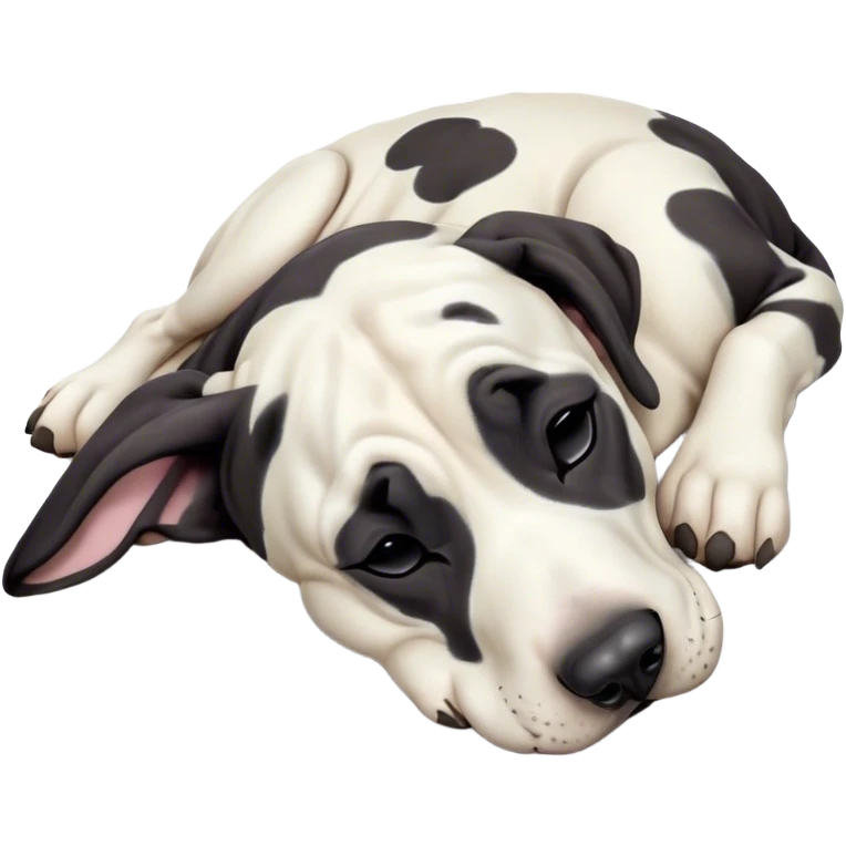 Meme-Worthy Cute Sleeping Harlequin Great Dane Portrait Emoji, Head resting peacefully with a contented smile, showcasing a delightfully majestic build and a luxuriously soft coat of predominantly white with bold black patches, eyes shut in a serene nap, Simplified yet hilariously adorable features, highly detailed, glowing with a soft, drowsy light, high shine, relaxed and utterly lovable, stylized with an air of playful laziness, bright and heartwarming, soft glowing outline, capturing the essence of a comically sleepy guardian, so meme-worthy it feels like it could instantly become the next viral sensation of adorable slumber! emoji