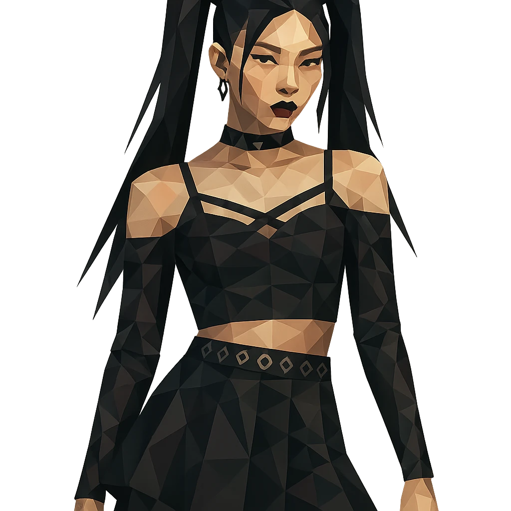 K-pop inspired gothic girl, polygonal style, geometric shapes, dark color palette, stylish stage outfit emoji