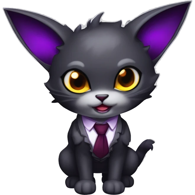 Cute-Evil-Vampiric-Batty-Cat-Black-Purple-Red-Grey-White-Yellow-Contrast-Colors-Fantasy-Fur-Sona-Chibi-Shiny-Fakémon-Hybrid with horns and big fangs neck tie leg spats full body emoji