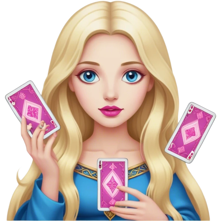 A realistic blonde with long hair and blue eyes and pink lips holds tarot cards in her hands emoji