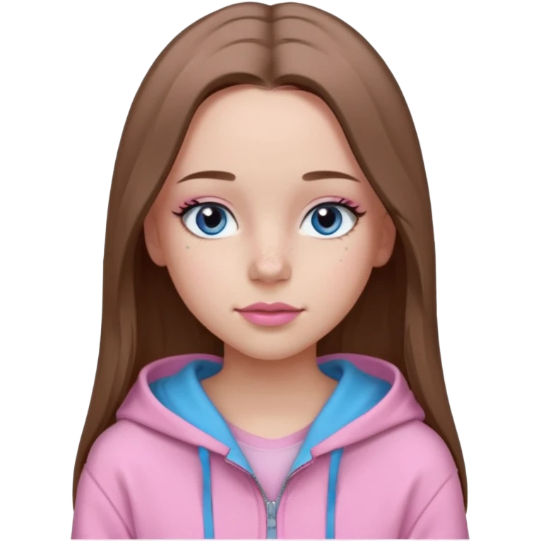 Create a TEENAGE girl with LONG and straight light brunette hair with a middle part, light skin, light freckles, and blue-gray eyes. She will have pink lips and LONG eyelashes. She will be wearing a light pink zip-up hoodie that is off her shoulder. emoji