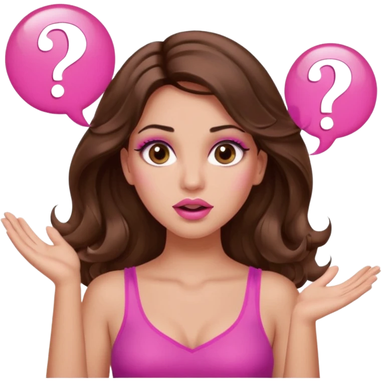 girl with long wavy brown hair, brown eyes, long lashes makeup, sexy pink lips, light to medium complexion, pink sexy top, two hands up, shrugging, confused question mark bubble sign emoji