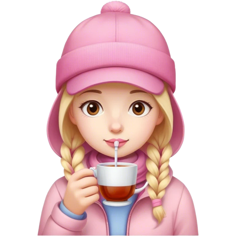 A girl in a pink cap drinks tea from a straw in winter emoji
