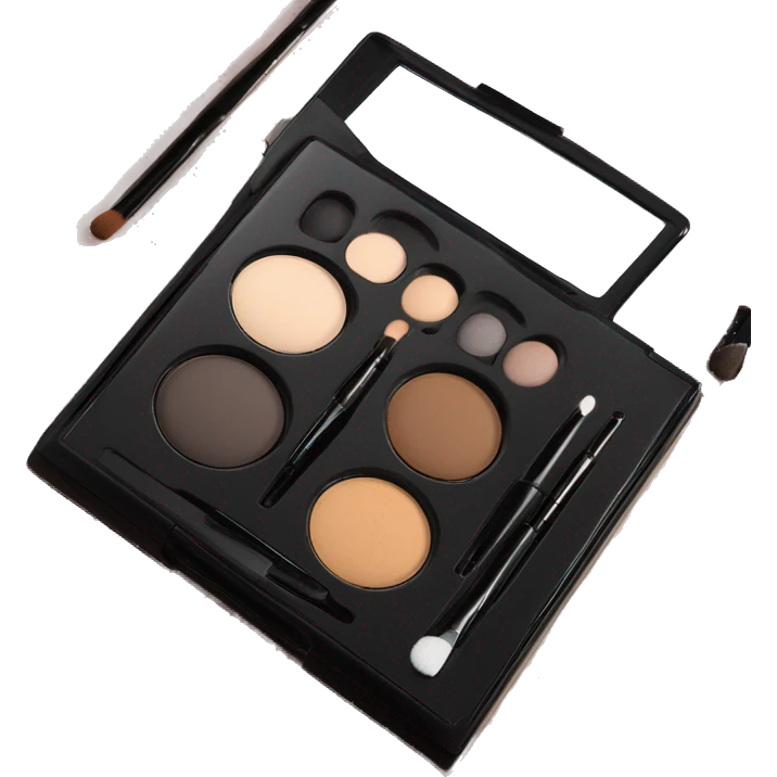 “Four smooth neutral eyeshadow shades in a sleek black case, paired with a mirror and applicators, perfect for a polished look.”  emoji