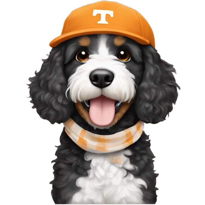 Bernedoodle with University of tennessee hat and scarf emoji