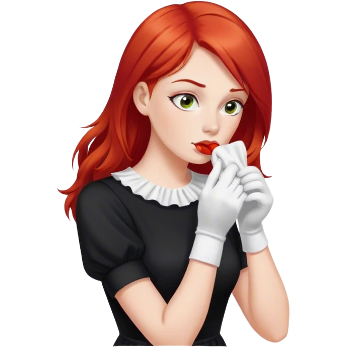 a woman with red hair and red eyes sniffing a white sock. The woman wear a black  dress emoji