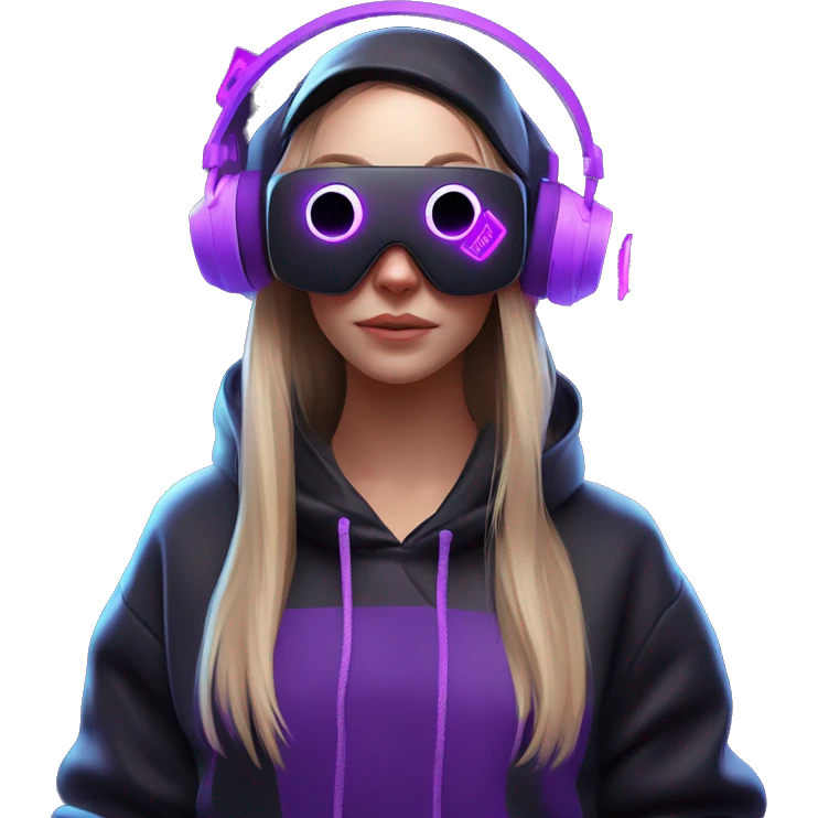 Russian girl wearing black hoody with violet letters "OMG", in vr headset oculus quest2. Dancing. Cyberpunk style. Violet neon. emoji