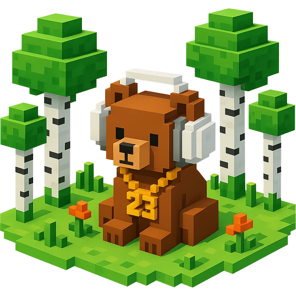 березовый лес, в котором сидит бурый медвежонок в белых наушниках (наушники должны закрывать уши медведя), на медведе цепь с подвеской "23", no background  emoji