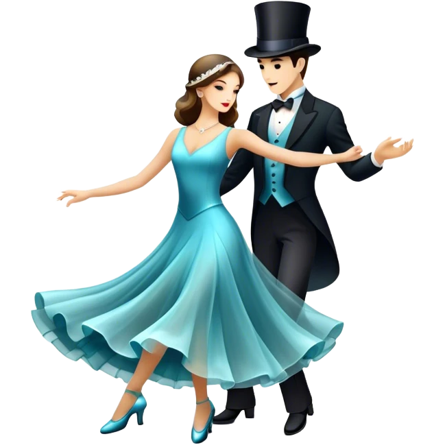 Icon for Ballroom Dancing: a pair of elegant dance shoes, a flowing dress, a top hat, and a dance floor spotlight. The icon should represent the elegance and atmosphere of ballroom dance, focusing on the iconic dance elements. Transparent background. emoji
