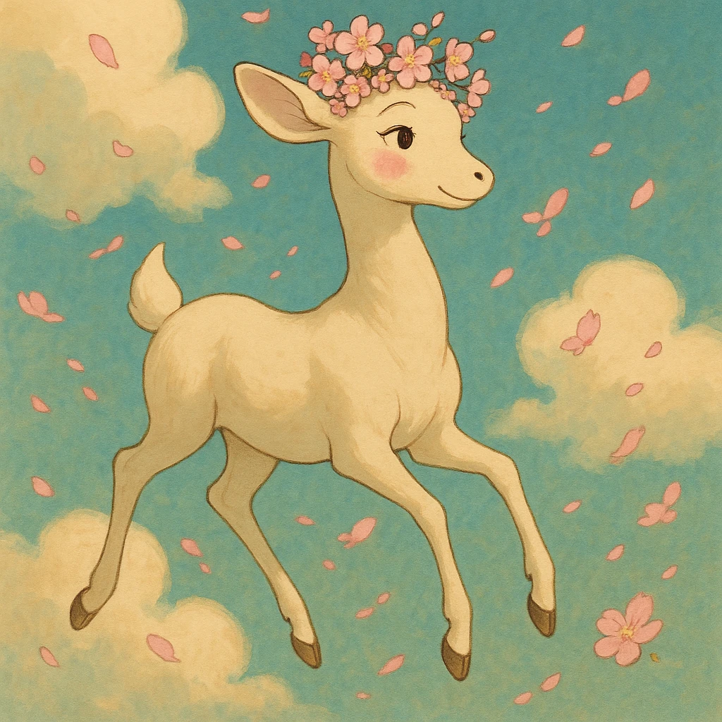 feminine adult vanilla cloud doe, rosy cheeks, cherry blossom crown, floating gracefully, elegant and magical, Ghibli-Pixar style emoji