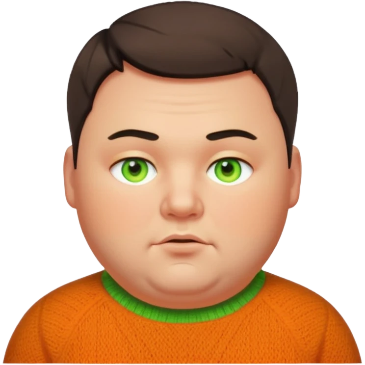 emoji of a chubby man in his 30s, short hair, dark yellow-orange woolen sweater, glowing neon green eyes emoji
