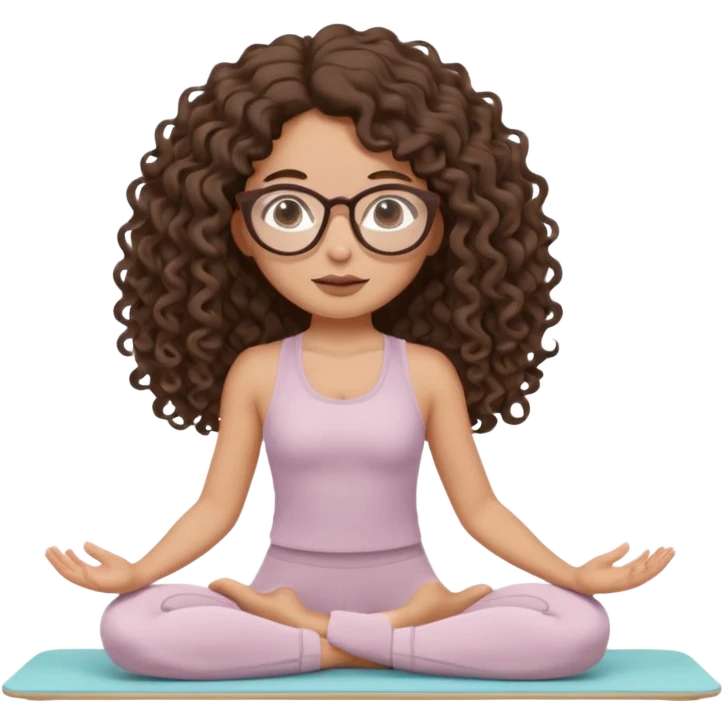 Memoji-stylegirl with long dark brown curly hair, round glasses, large brown eyes, soft rounded face, warm beige skin tone, wearing neutral Pilates activewear, calm wellness aesthetic, pastel colors, sticker-style digital illustration, smooth shading, white outline,reformer pilates doing. emoji