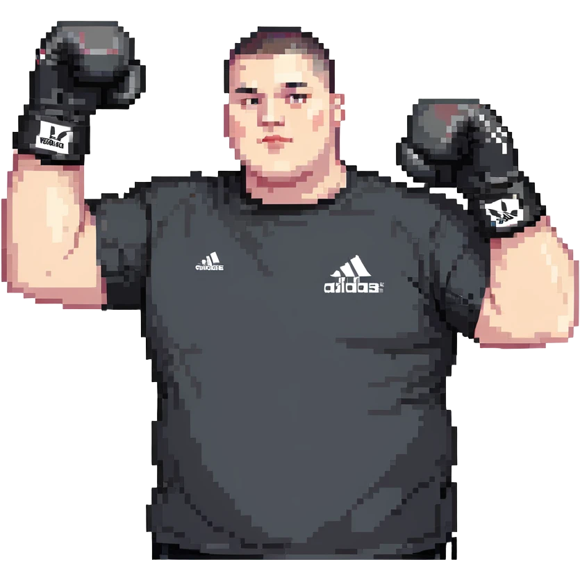 white man with dark hair, dark eyes, buzzcut faded haircut, overweight 100kg boxer, chubby face, stocky build, wearing full black clothes, black adidas boxing gloves, victory pose with arms raised, upper body only no legs visible, highly pixelated emoji