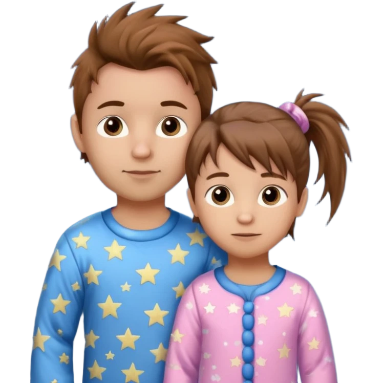 4 year old brown spikey haired boy with blue pajamas with stars on them and a 1 year old brown haired pony tail girl with pink pajamas, and stars on them with light skin emoji