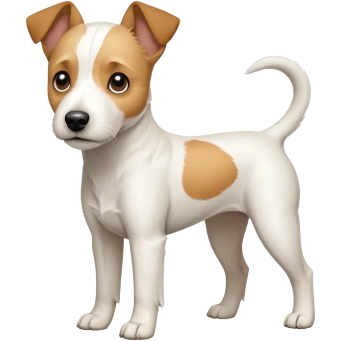 a full body facing front on of a buff white parson russell terrier looking dog the size of a kelpie with light brown long ears and a light brown patch on one eye and a large snout. the rest of the dog is completely white.  emoji