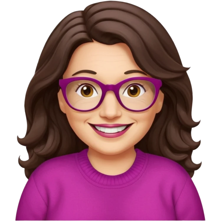 50 yr Caucasian woman, long dark brown hair parted on side, brown eyes, brown glasses, big smile, white teeth, fuscia sweater, chubby, wavy hair emoji