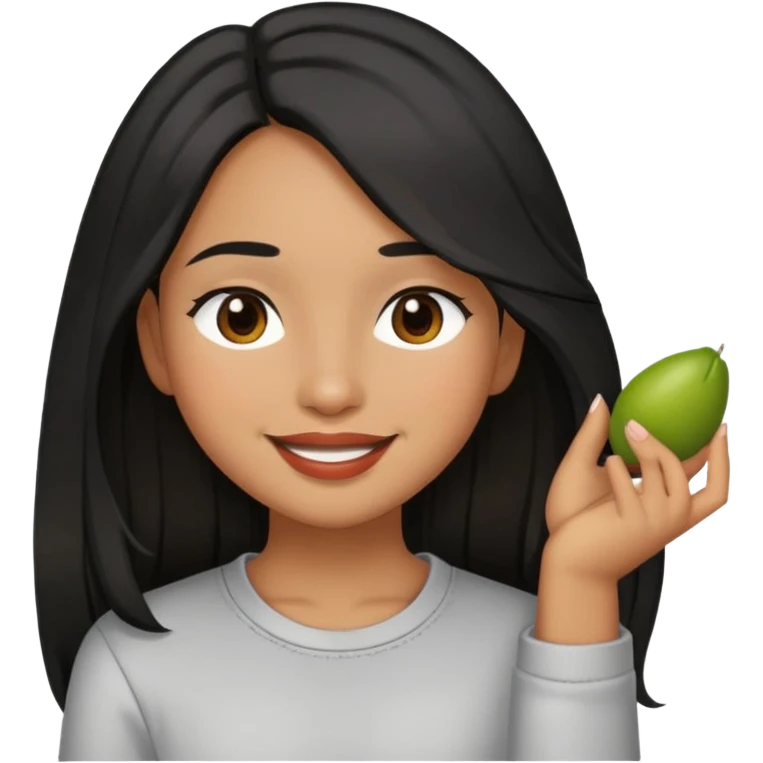 girl with olive brown skin, black long hair, brown eyes, smiling with lips closed, casual outfit emoji