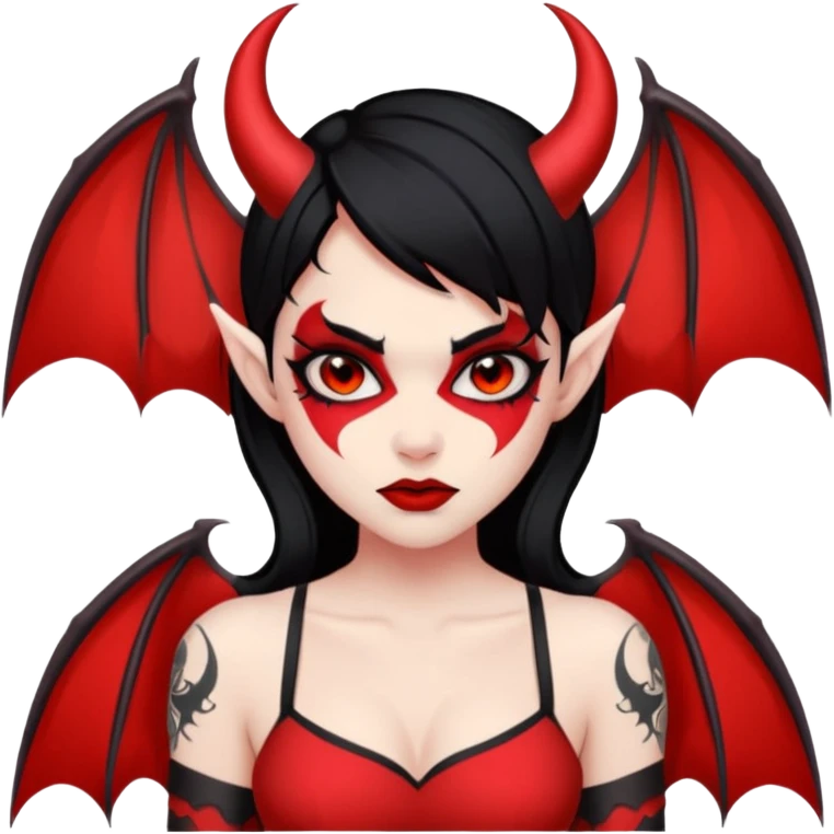 Demon girl: red skin, black hair, small horns, bat wing; tattoo-flash comic style; red/black palette; bold outlines; dark background; no text. emoji