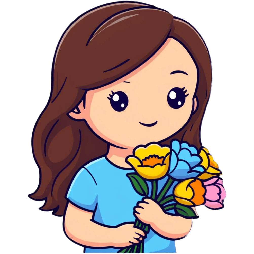Cool girl with long brown hair and fair skin holding a bouquet of flowers emoji