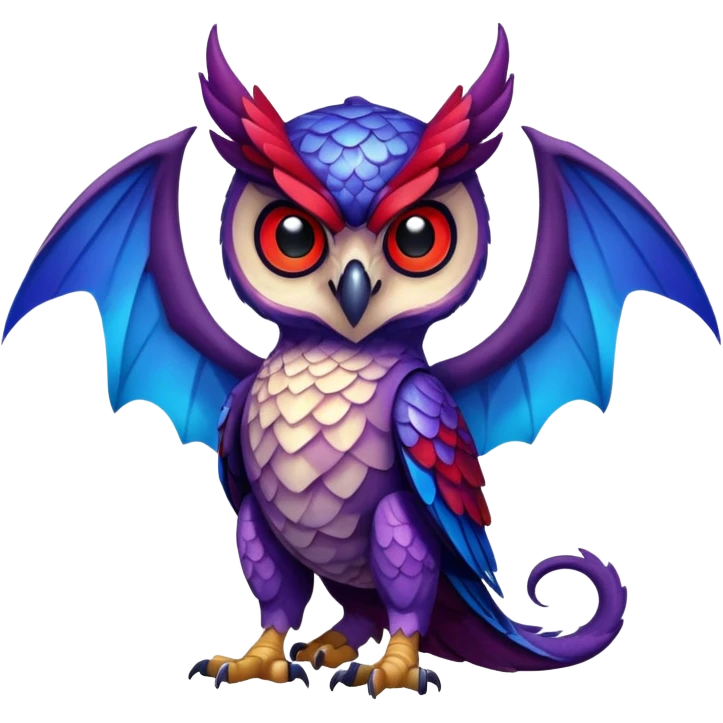 Owl dragon hybrid front facing full body dark purple and blue and red emoji