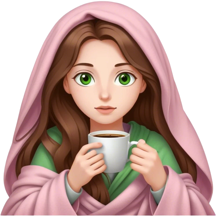 A pretty white girl with very long brown hair and green eyes in a light pink blanket sipping coffee emoji