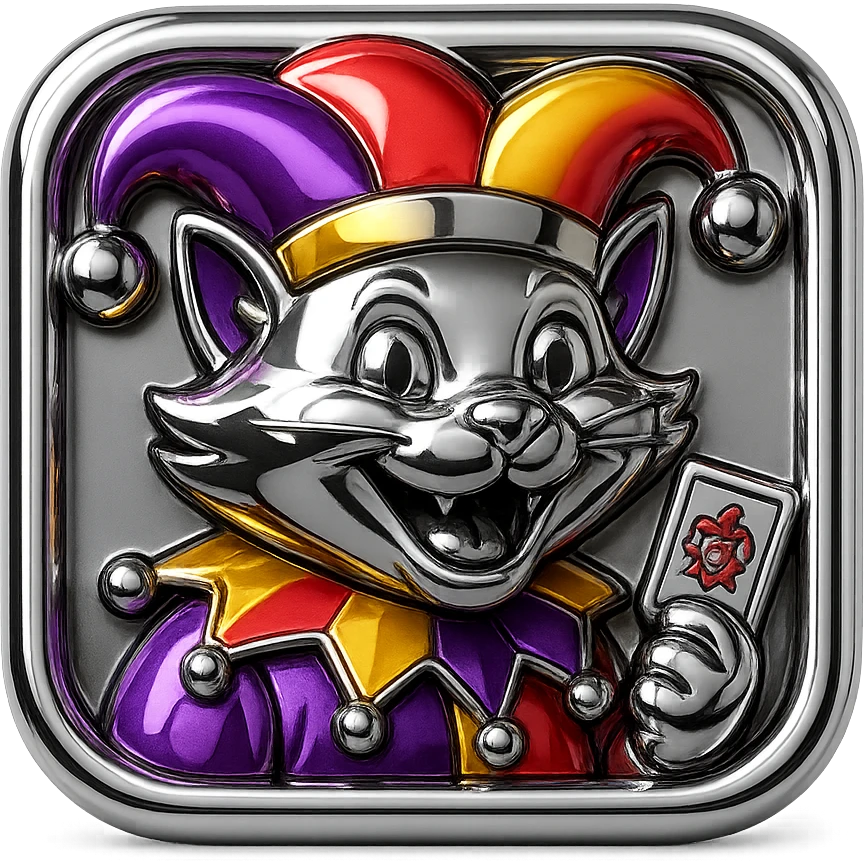 crazy colorful cute little cat jolly joker from poker, medieval, vintage, court jester, mac os icon, purple, gold and red color, half body. Squared shape as 3D mac os icon emoji