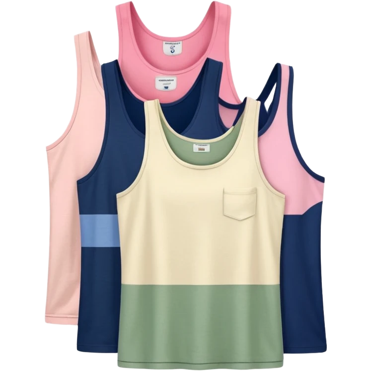 Multiple tank tops, one cream one cream one sage green one navy blue one pink emoji