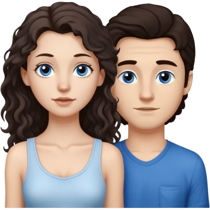 white girl, dark brown long slightly curly hair , skinni but with big breast , septum piercing on nose, beautiful dark gray-blue eyes, in white dress , boy dark brown eyes , light white skin , tall , skinny , light brown mid haircut ,  emoji