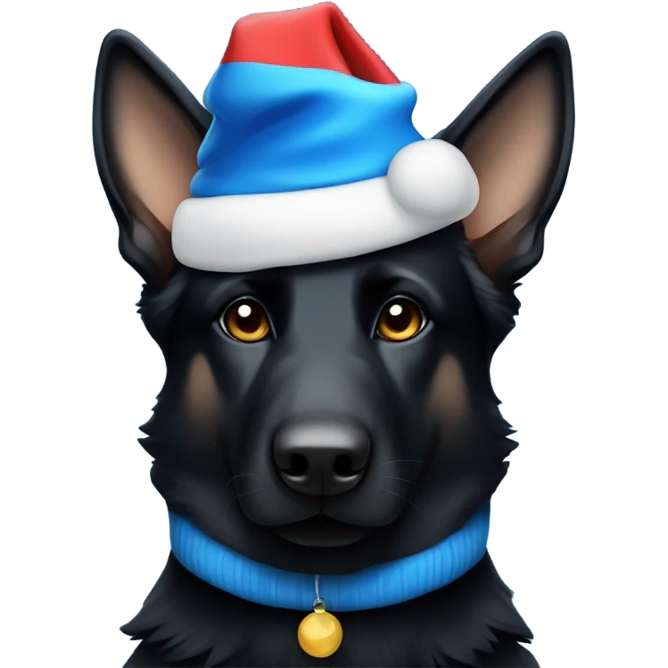 All black German shepherd with blue Santa hat emoji